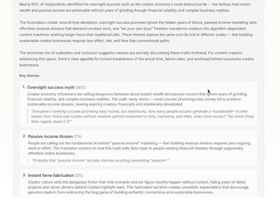 AskEveryone synthesis results showing audience themes, quotes, and sentiment